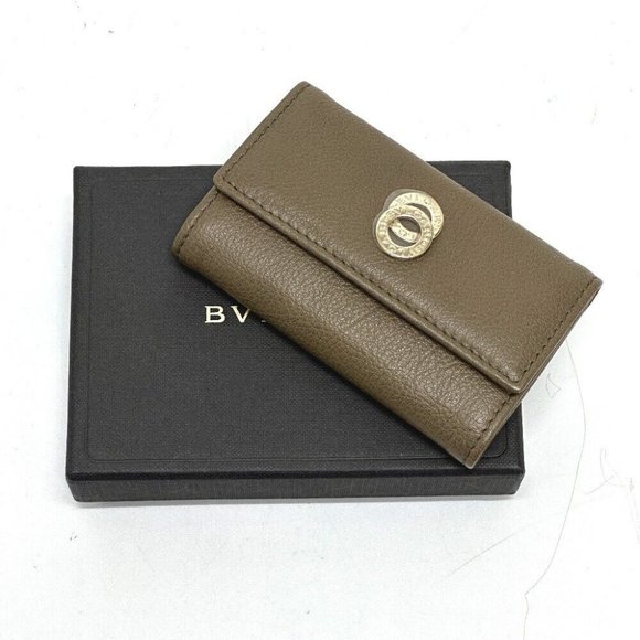 BVLGARI key double ring 6 rows Key Case Leather Brown - Picture 1 of 15